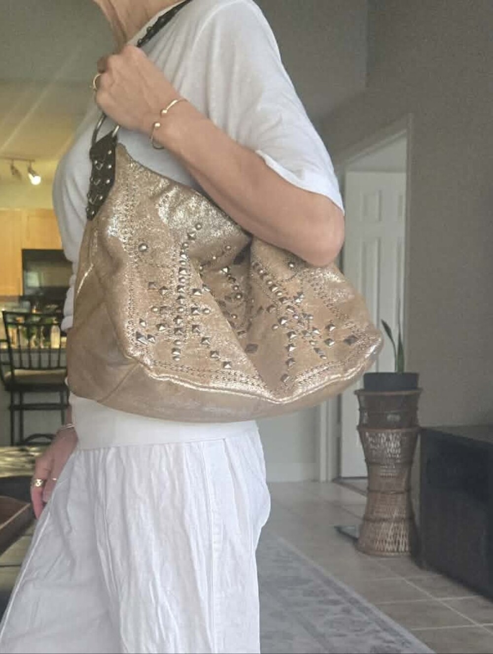 Betsey Johnson Rose Gold Metallic Studded Leather Hobo Shoulder Tote Bag